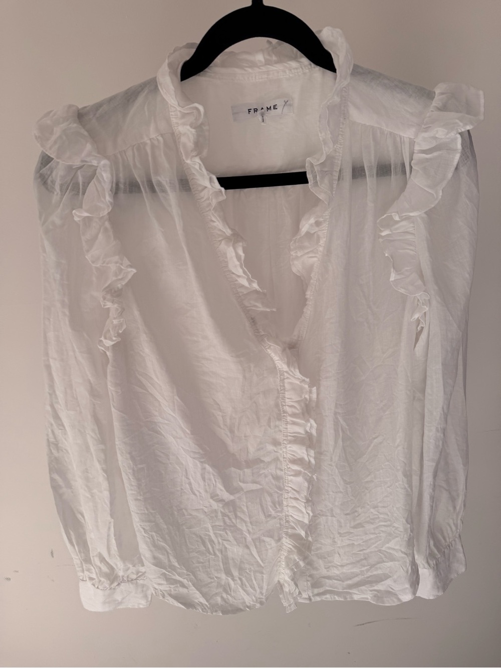 Frame Denim White Ruffle V-Neck Long-Sleeve Blouse
